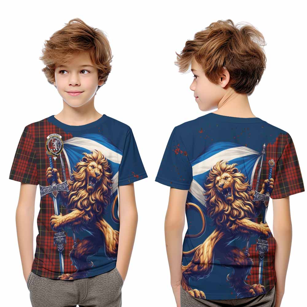 Tartan Vibes Clothing MacQueen (McQueen) Tartan Family Crest Kid T-Shirt with Scottish Majestic Lion