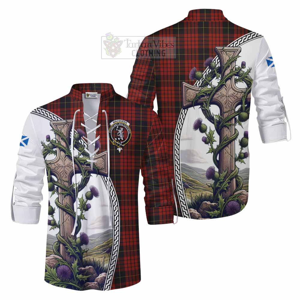 Tartan Vibes Clothing MacQueen (McQueen) Tartan Ghillie Kilt Shirt with Family Crest and St. Andrew's Cross Accented by Thistle Vines