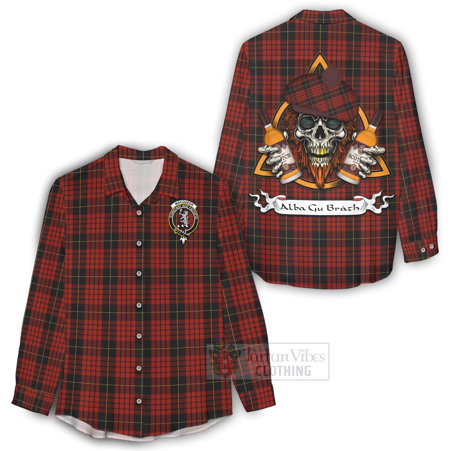 Tartan Vibes Clothing MacQueen (McQueen) Tartan Women's Casual Shirt with Family Crest and Bearded Skull Holding Bottles of Whiskey