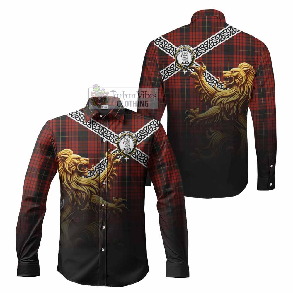 Tartan Vibes Clothing MacQueen (McQueen) Crest Tartan Long Sleeve Button Shirt with Golden Lion Emblem Celtic Style