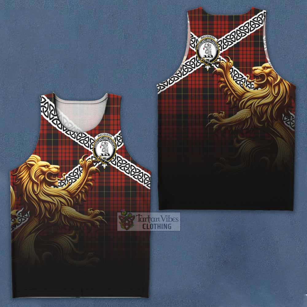 Tartan Vibes Clothing MacQueen (McQueen) Crest Tartan Men's Tank Top with Golden Lion Emblem Celtic Style