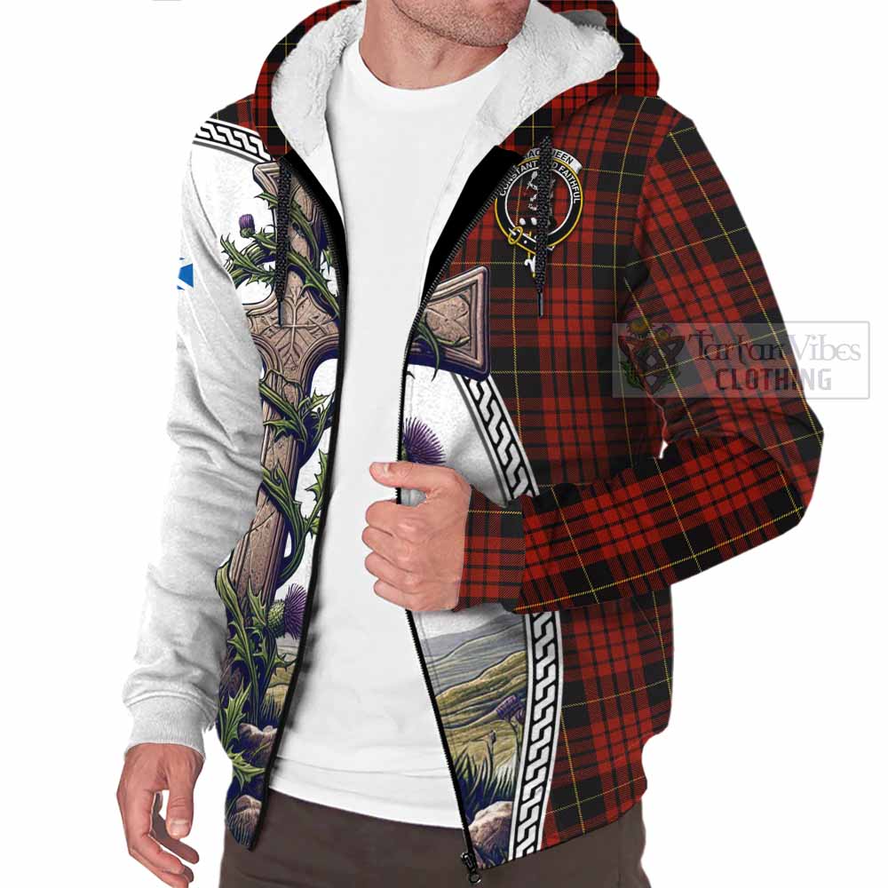 Tartan Vibes Clothing MacQueen (McQueen) Tartan Sherpa Hoodie with Family Crest and St. Andrew's Cross Accented by Thistle Vines