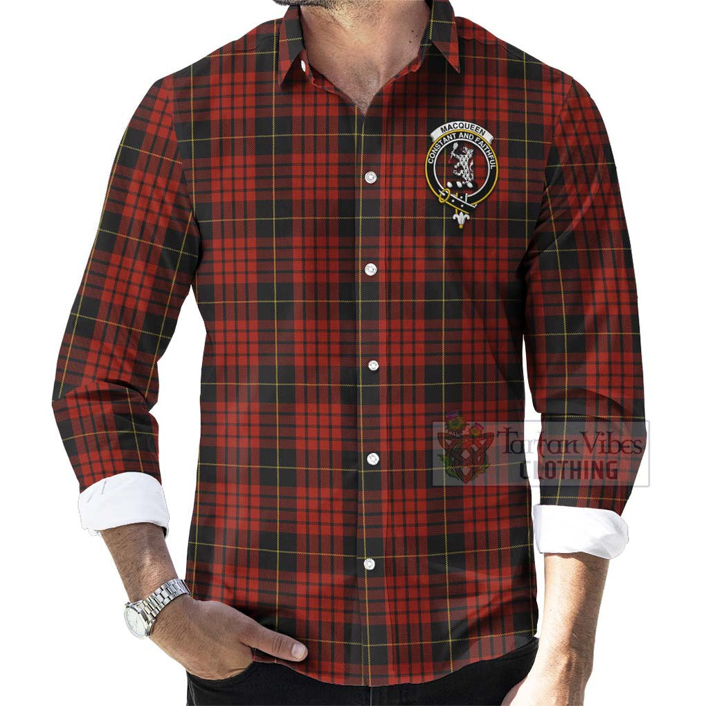 Tartan Vibes Clothing MacQueen (McQueen) Tartan Long Sleeve Button Shirt with Family Crest and Bearded Skull Holding Bottles of Whiskey
