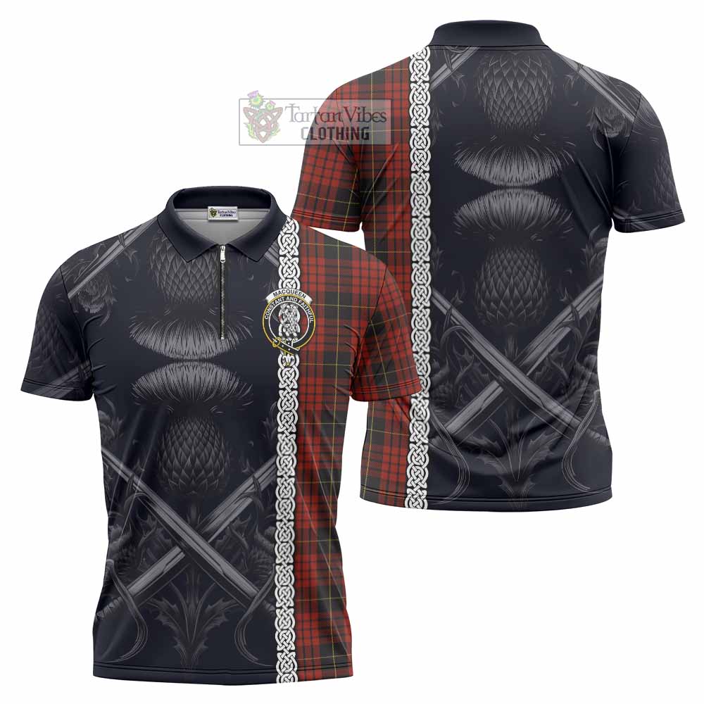 Tartan Vibes Clothing MacQueen (McQueen) Tartan Zipper Polo Shirt with Family Crest Cross Sword Thistle Celtic Vibes