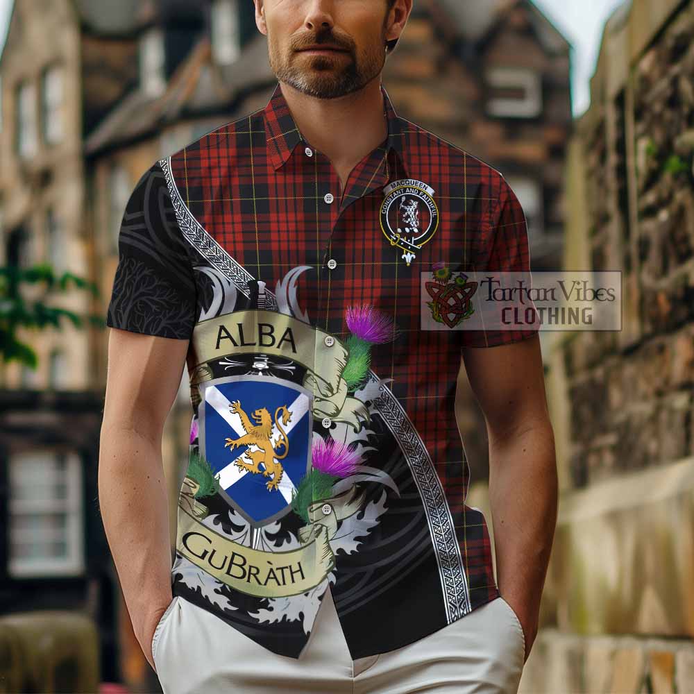 Tartan Vibes Clothing MacQueen (McQueen) Tartan Family Crest Short Sleeve Button Shirt Lion Rampant Royal Thistle Shield Celtic Inspired