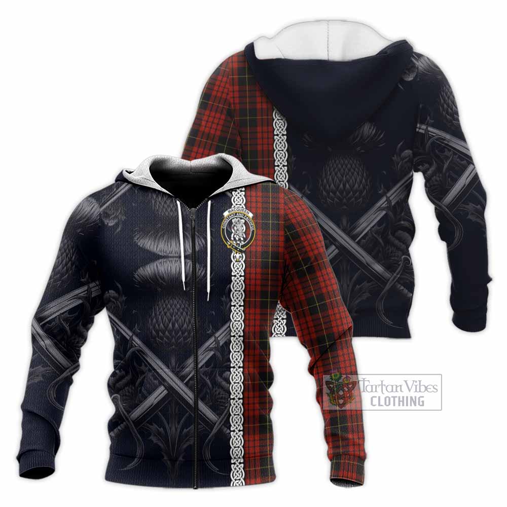 Tartan Vibes Clothing MacQueen (McQueen) Tartan Knitted Hoodie with Family Crest Cross Sword Thistle Celtic Vibes
