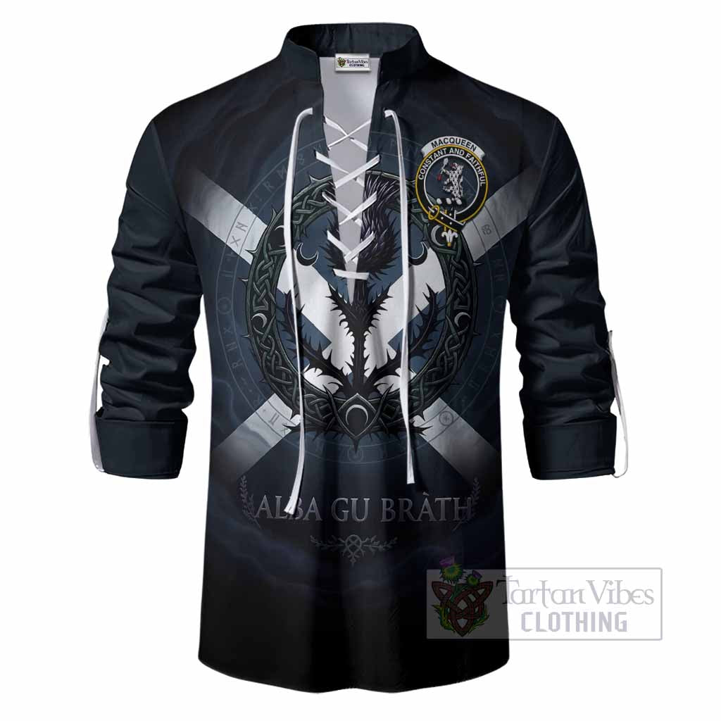 MacQueen (McQueen) Clan Crest Ghillie Shirt with Celtic Knot Thistle and Saltire
