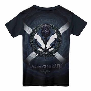 MacQueen (McQueen) Clan Crest Kid T-shirt with Celtic Knot Thistle and Saltire