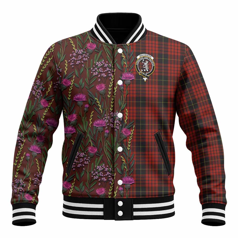 MacQueen (McQueen) Family Crest Tartan Baseball Jacket Scottish Thistle Flower Pattern Half Style - Tartan Vibes Clothing