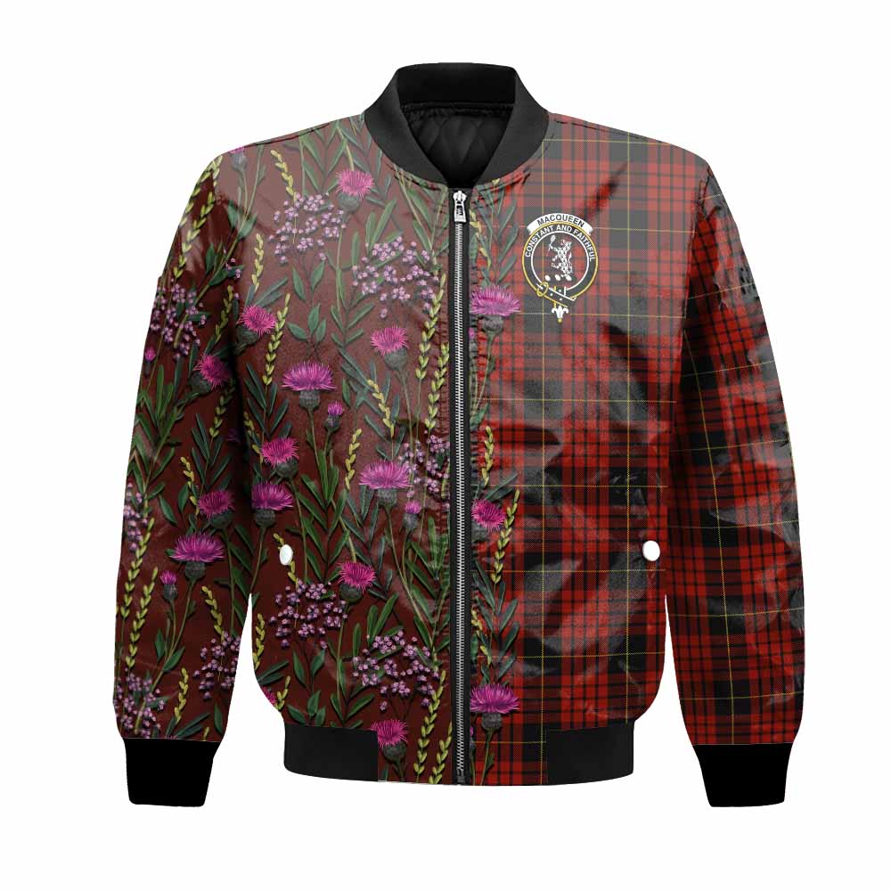 MacQueen (McQueen) Family Crest Tartan Bomber Jacket Scottish Thistle Flower Pattern Half Style - Tartan Vibes Clothing