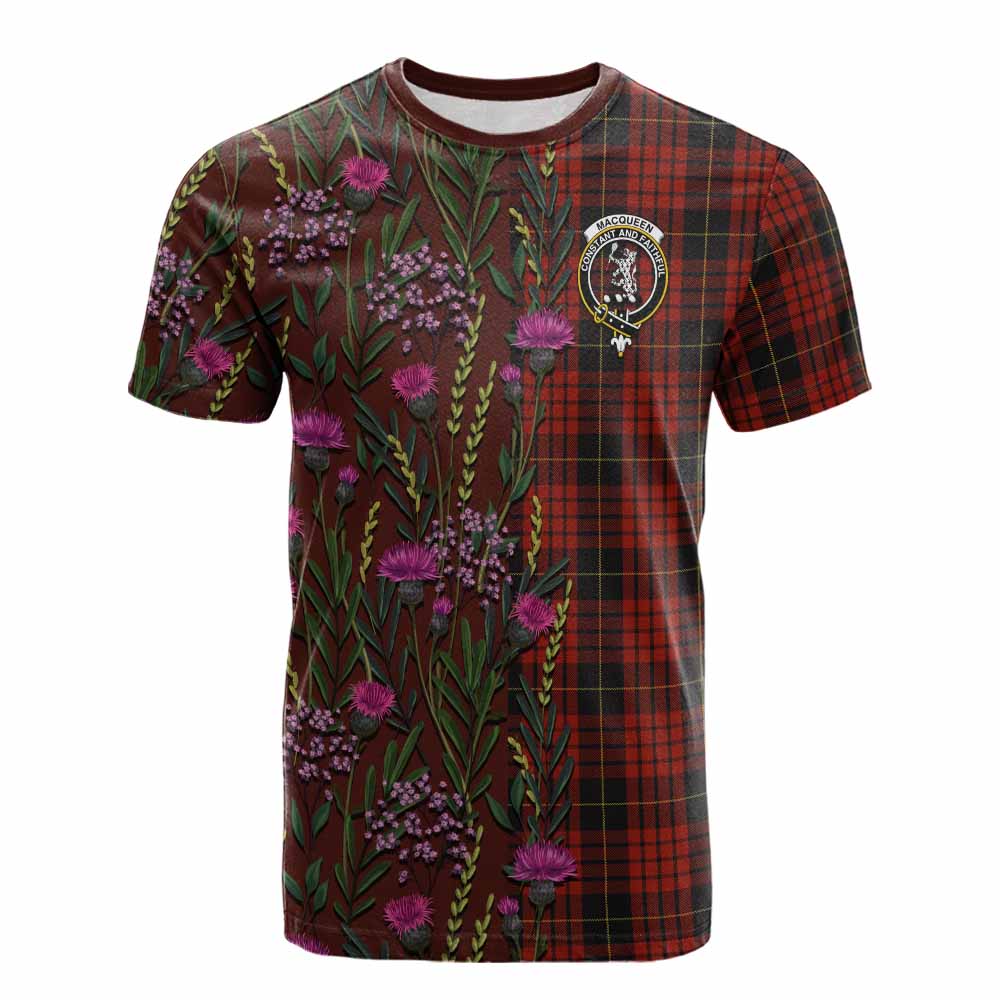 MacQueen (McQueen) Family Crest Tartan Cotton T-shirt Scottish Thistle Flower Pattern Half Style - Tartan Vibes Clothing