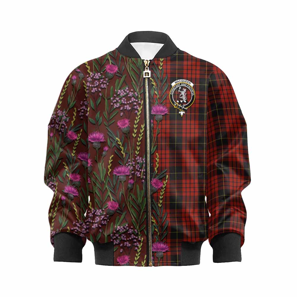 MacQueen (McQueen) Family Crest Tartan Kid Bomber Jacket Scottish Thistle Flower Pattern Half Style - Tartan Vibes Clothing