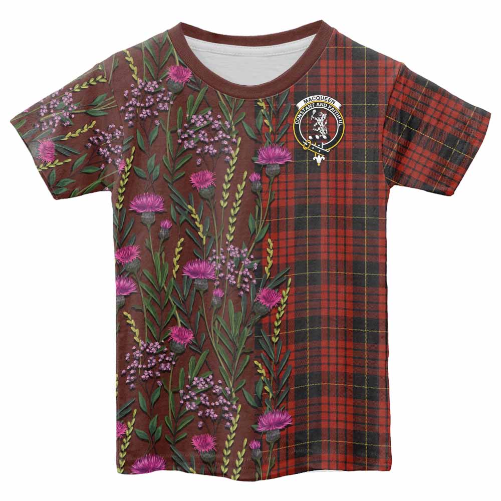 MacQueen (McQueen) Family Crest Tartan Kid T-shirt Scottish Thistle Flower Pattern Half Style - Tartan Vibes Clothing