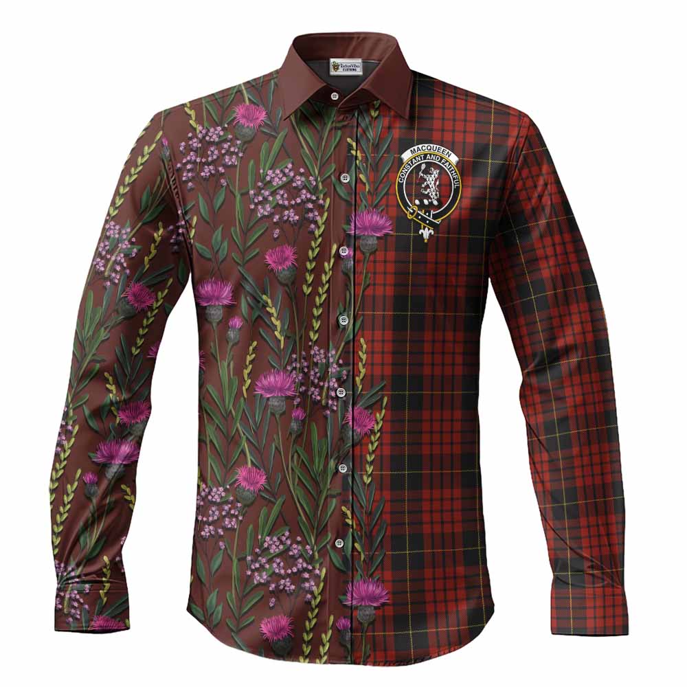 MacQueen (McQueen) Family Crest Tartan Long Sleeve Button Shirts Scottish Thistle Flower Pattern Half Style - Tartan Vibes Clothing