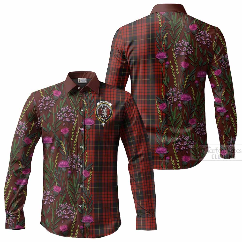 MacQueen (McQueen) Family Crest Tartan Long Sleeve Button Shirts Scottish Thistle Flower Pattern Half Style - Tartan Vibes Clothing