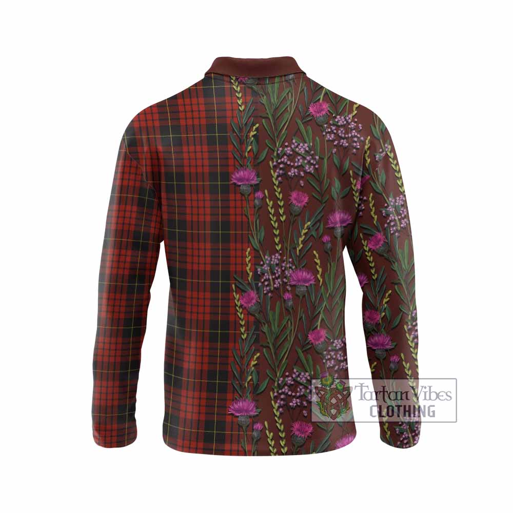 MacQueen (McQueen) Family Crest Tartan Long Sleeve Polo Shirt Scottish Thistle Flower Pattern Half Style - Tartan Vibes Clothing