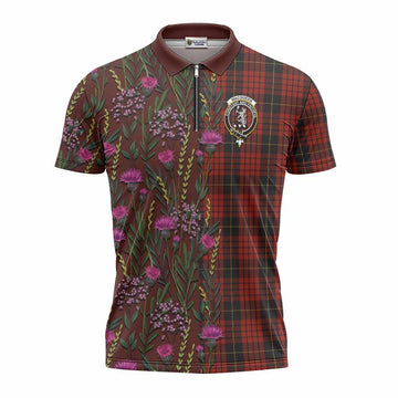 MacQueen (McQueen) Family Crest Tartan Zipper Polo Shirt Scottish Thistle Flower Pattern Half Style