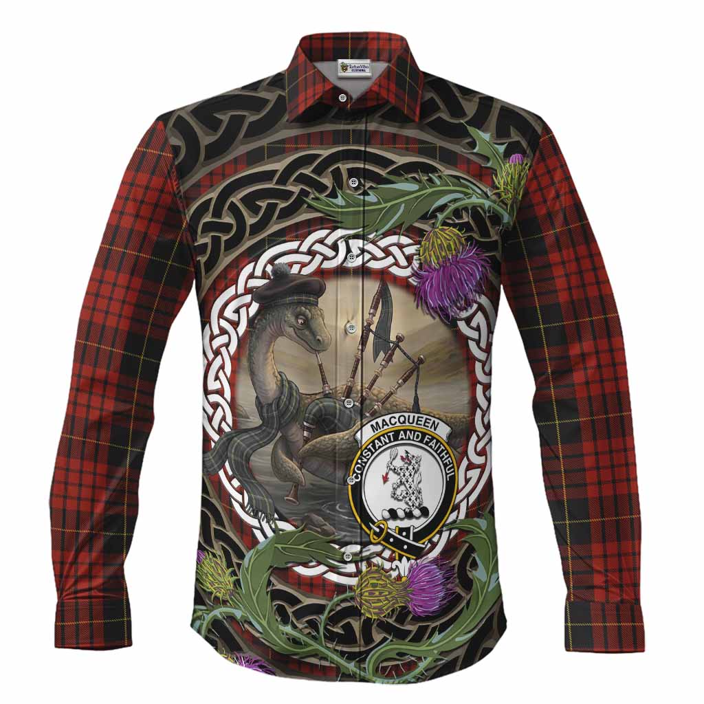 MacQueen (McQueen) Tartan Crest Bagpipe Nessie Long Sleeve Button Shirts Scottish Loch Ness Monster Celtic Thistle