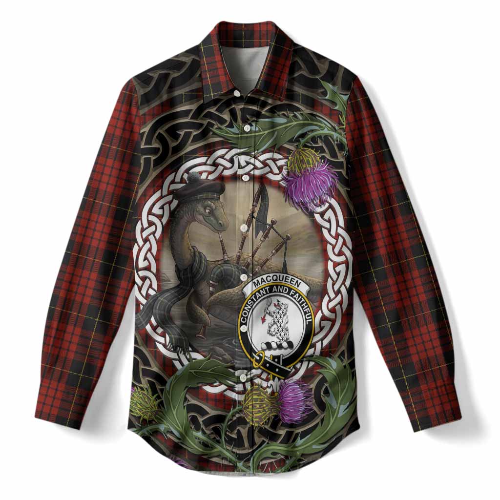 MacQueen (McQueen) Tartan Crest Bagpipe Nessie Women Casual Shirt Scottish Loch Ness Monster Celtic Thistle