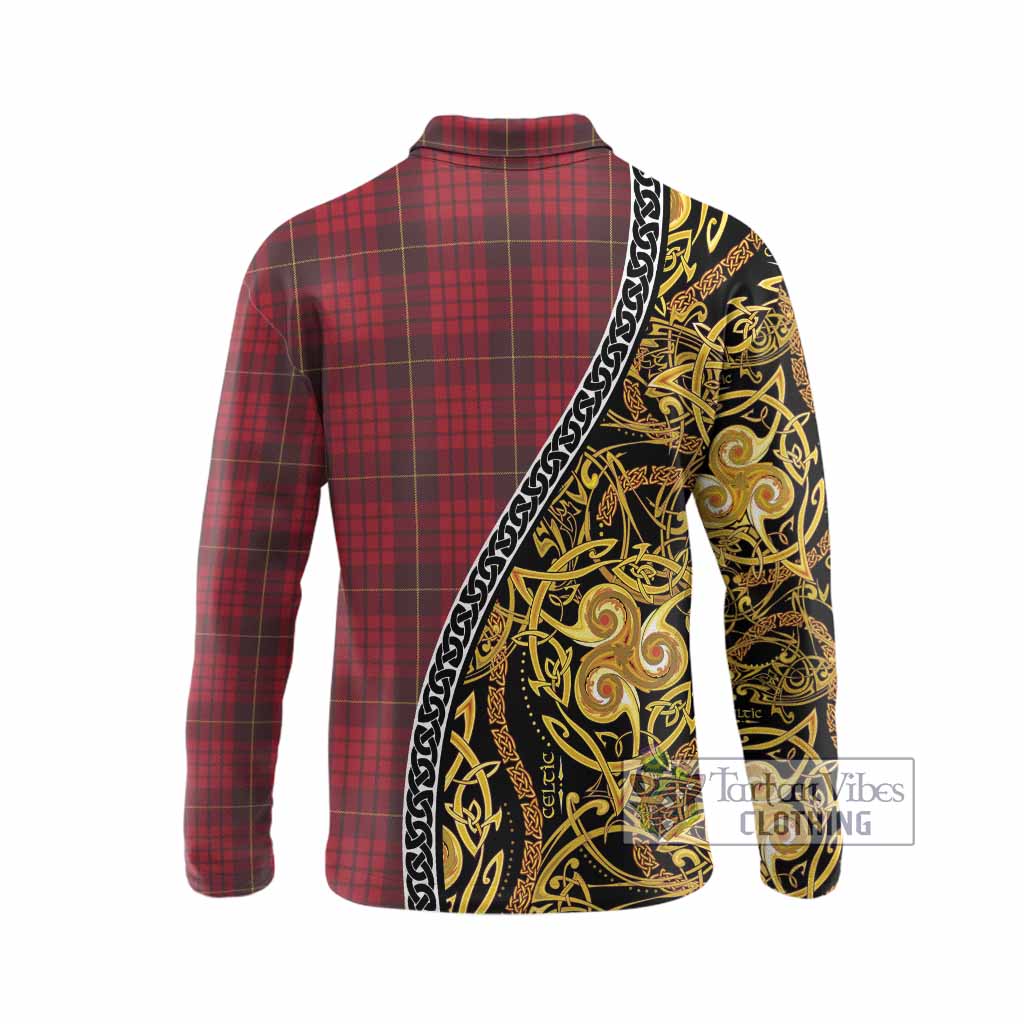 MacQueen (McQueen) Tartan Crest Long Sleeve Polo Shirt Celtic Knot and Triple Trickle Spiral Symbols