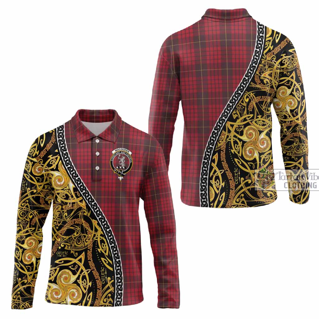 MacQueen (McQueen) Tartan Crest Long Sleeve Polo Shirt Celtic Knot and Triple Trickle Spiral Symbols
