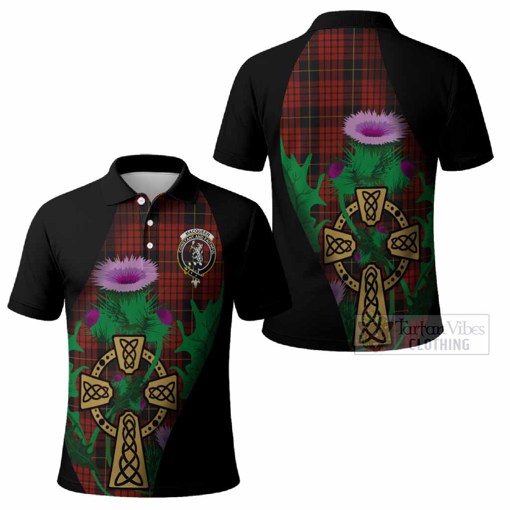 MacQueen (McQueen) Tartan Crest Polo Shirt Celtic Cross Thistle Flowers