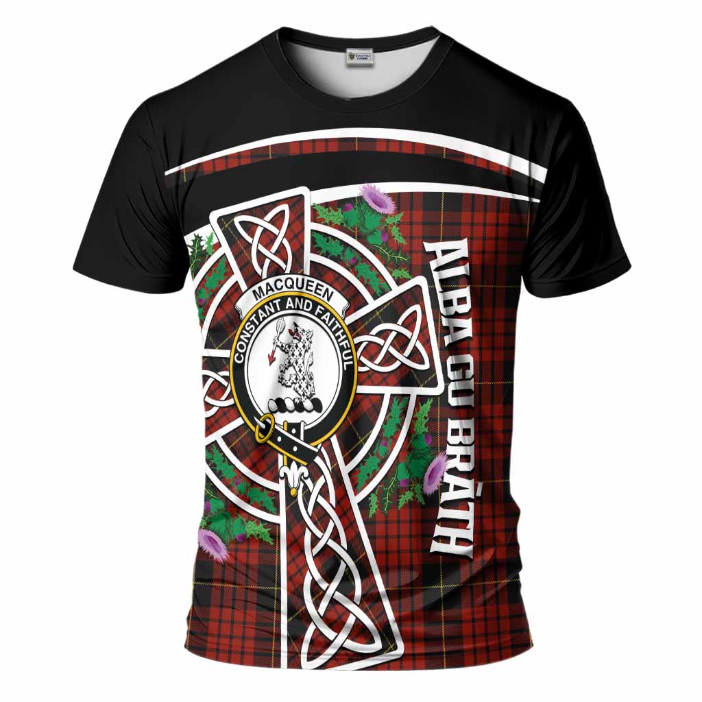 MacQueen (McQueen) Tartan Crest T-Shirt Scottish Thistle Celtic Cross Alba Gu Brath