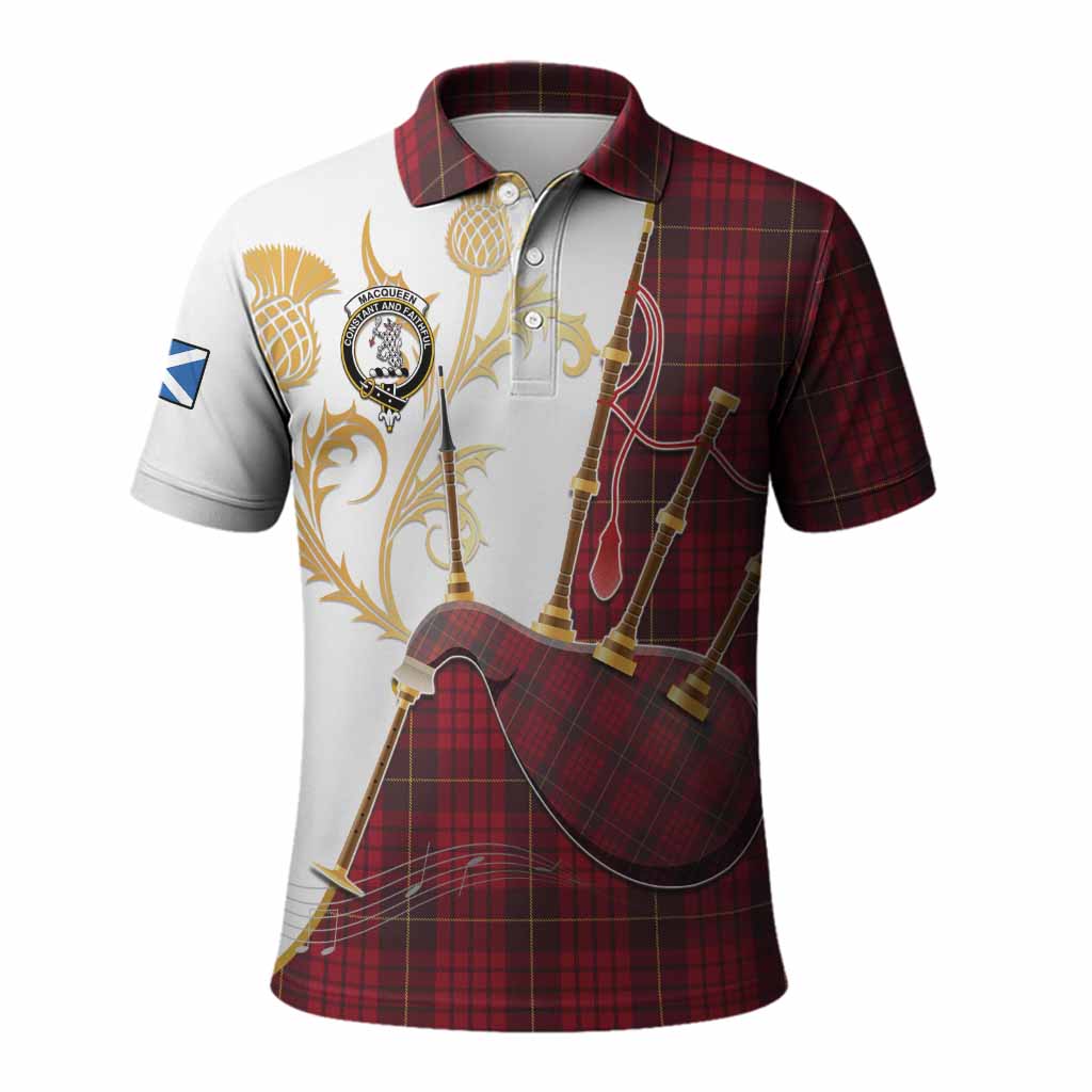 MacQueen (McQueen) Tartan Family Crest Polo Shirt Bagpipes with Scottish Thistle