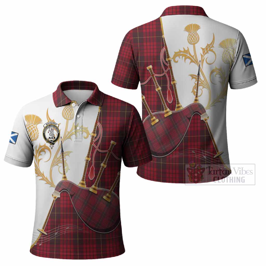 MacQueen (McQueen) Tartan Family Crest Polo Shirt Bagpipes with Scottish Thistle