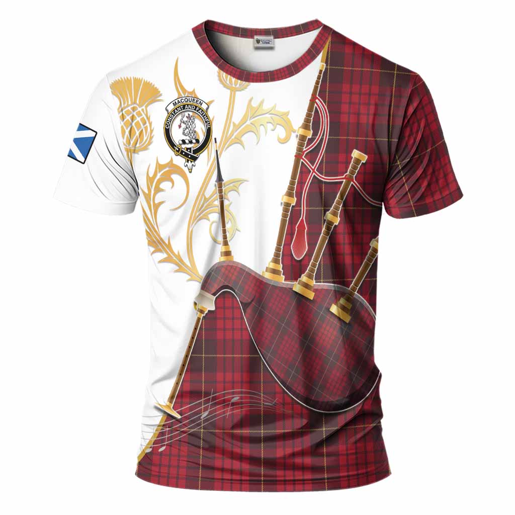 MacQueen (McQueen) Tartan Family Crest T-Shirt Bagpipes with Scottish Thistle