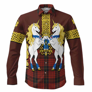 MacQueen (McQueen) Tartan Long Sleeve Button Shirts Unicorn Celtic Knot And Thistle Emblem