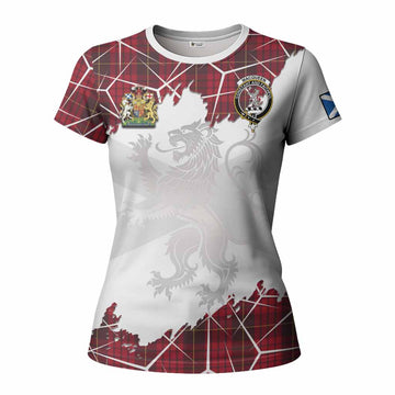 MacQueen (McQueen) Tartan Women T shirt with Family Crest and Lion Rampant Grunge Style
