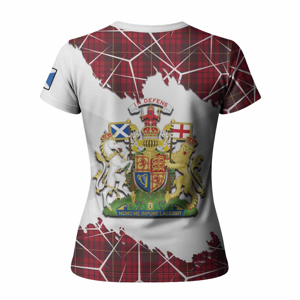 MacQueen (McQueen) Tartan Women T shirt with Family Crest and Lion Rampant Grunge Style