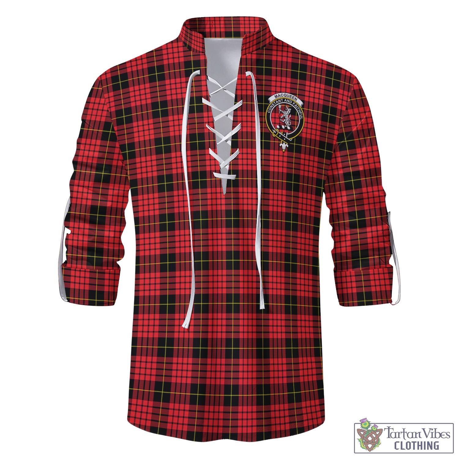 Tartan Vibes Clothing MacQueen Modern Tartan Men's Scottish Traditional Jacobite Ghillie Kilt Shirt with Family Crest