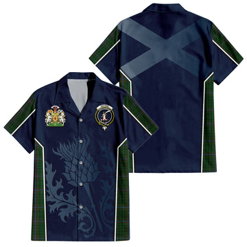Tartan Vibes Clothing MacRae Tartan Short Sleeve Button Up Shirt with Family Crest and Scottish Thistle Vibes Sport Style