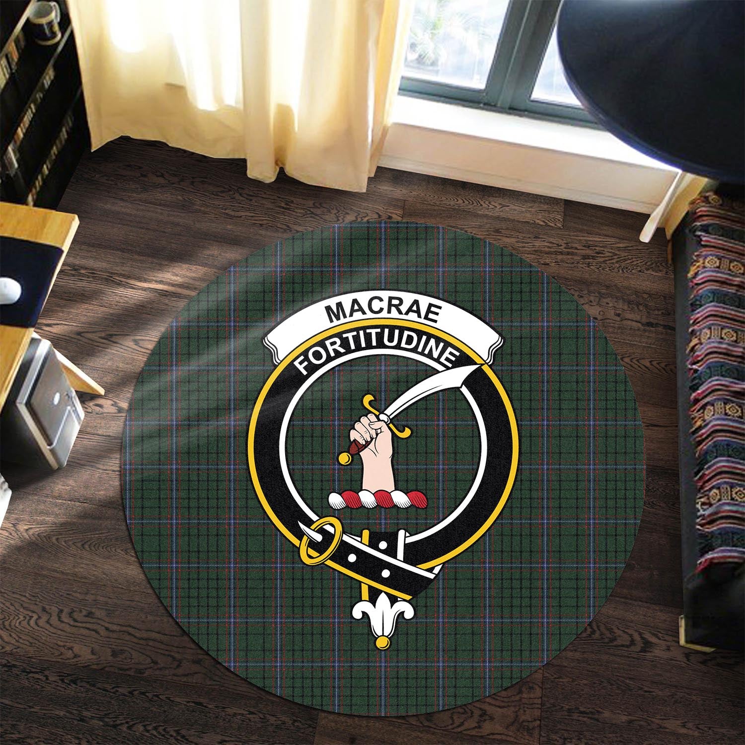 macrae-tartan-round-rug-with-family-crest