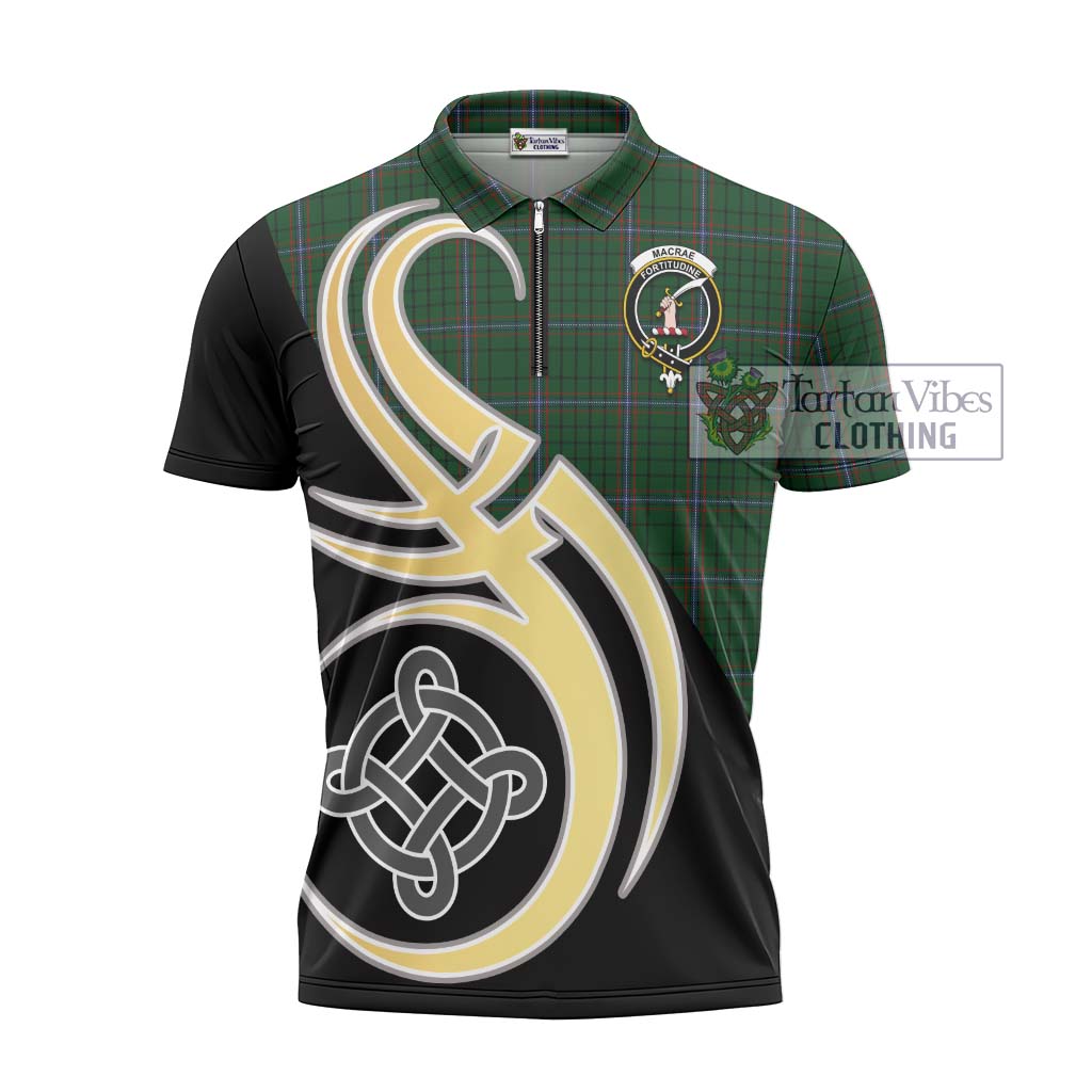 Tartan Vibes Clothing MacRae Tartan Zipper Polo Shirt with Family Crest and Celtic Symbol Style
