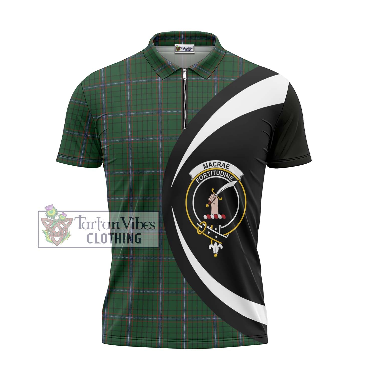 Tartan Vibes Clothing MacRae Tartan Zipper Polo Shirt with Family Crest Circle Style