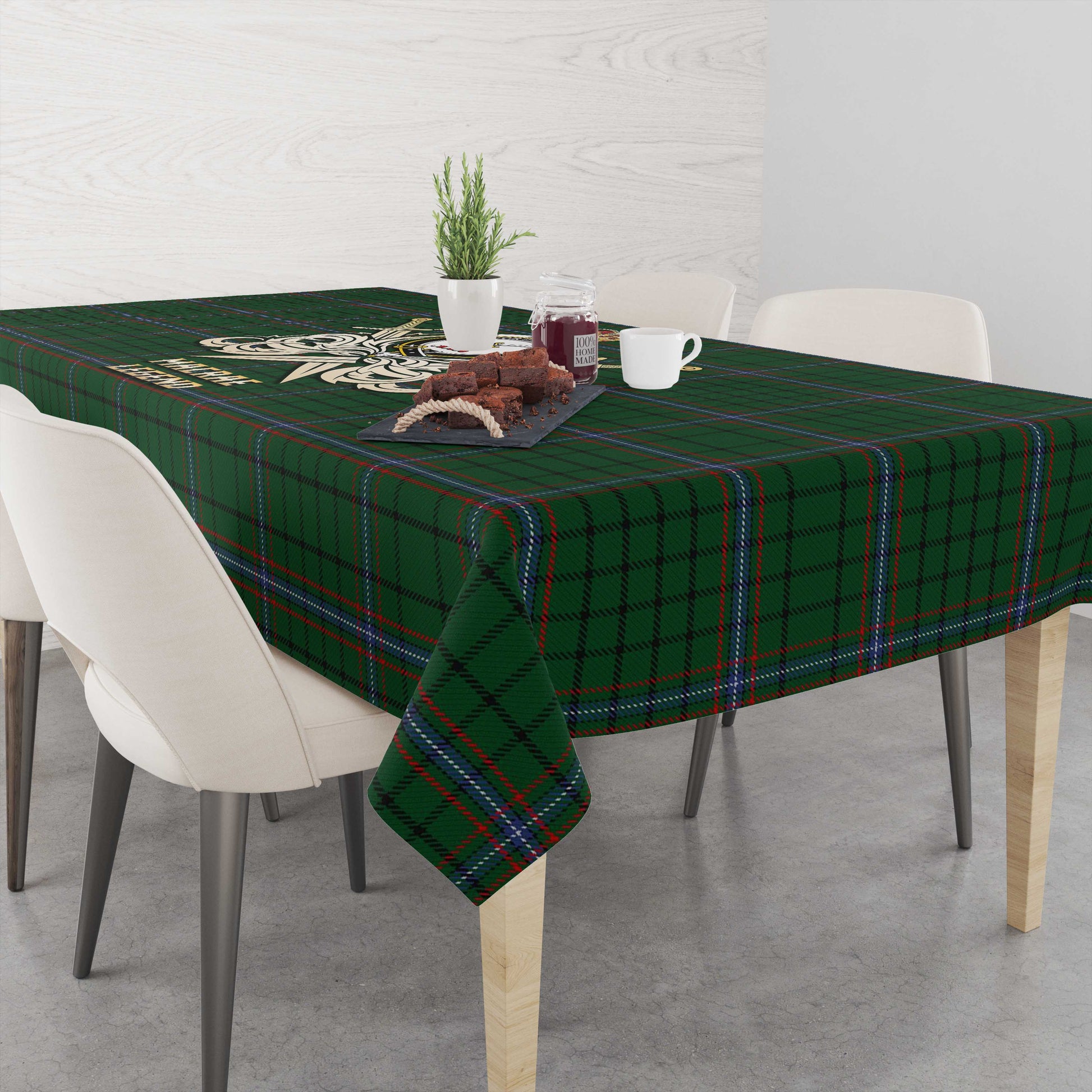 Tartan Vibes Clothing MacRae Tartan Tablecloth with Clan Crest and the Golden Sword of Courageous Legacy