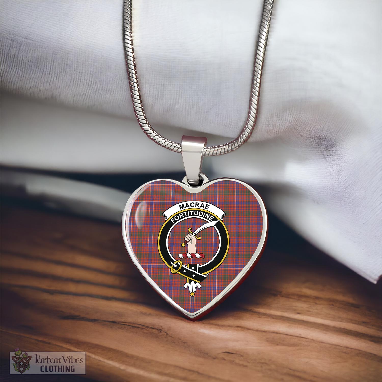 Tartan Vibes Clothing MacRae Ancient Tartan Heart Necklace with Family Crest
