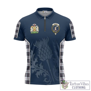 MacRae Dress Modern Tartan Zipper Polo Shirt with Family Crest and Scottish Thistle Vibes Sport Style