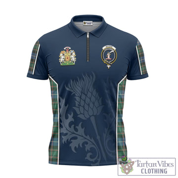MacRae Hunting Ancient Tartan Zipper Polo Shirt with Family Crest and Scottish Thistle Vibes Sport Style