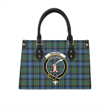 MacRae Hunting Ancient Tartan Leather Bag with Family Crest