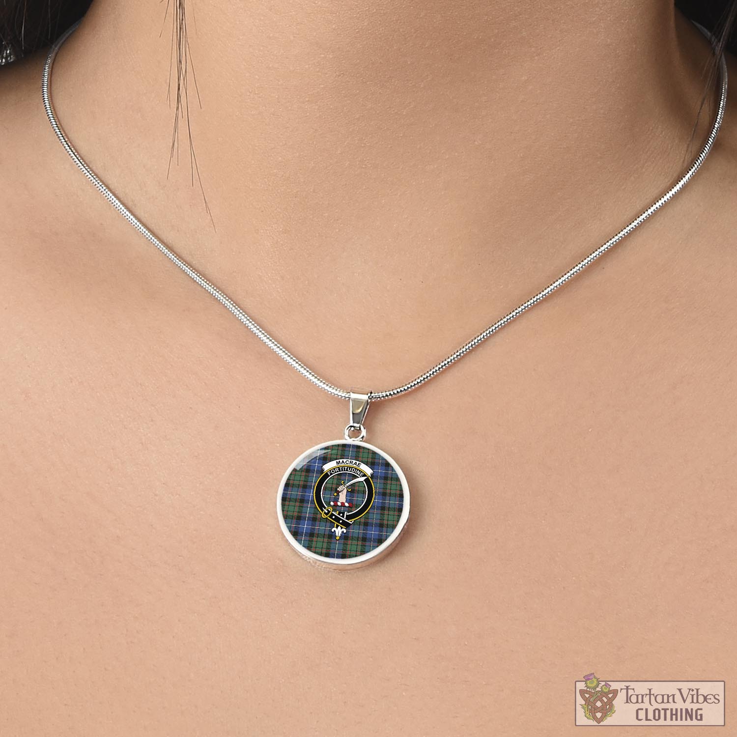 Tartan Vibes Clothing MacRae Hunting Ancient Tartan Circle Necklace with Family Crest