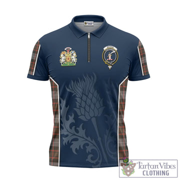 MacRae Hunting Weathered Tartan Zipper Polo Shirt with Family Crest and Scottish Thistle Vibes Sport Style