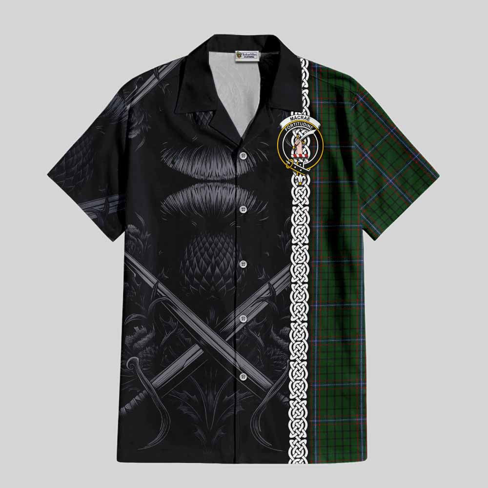 Tartan Vibes Clothing MacRae (McRae) Tartan Short Sleeve Button Shirt with Family Crest Cross Sword Thistle Celtic Vibes