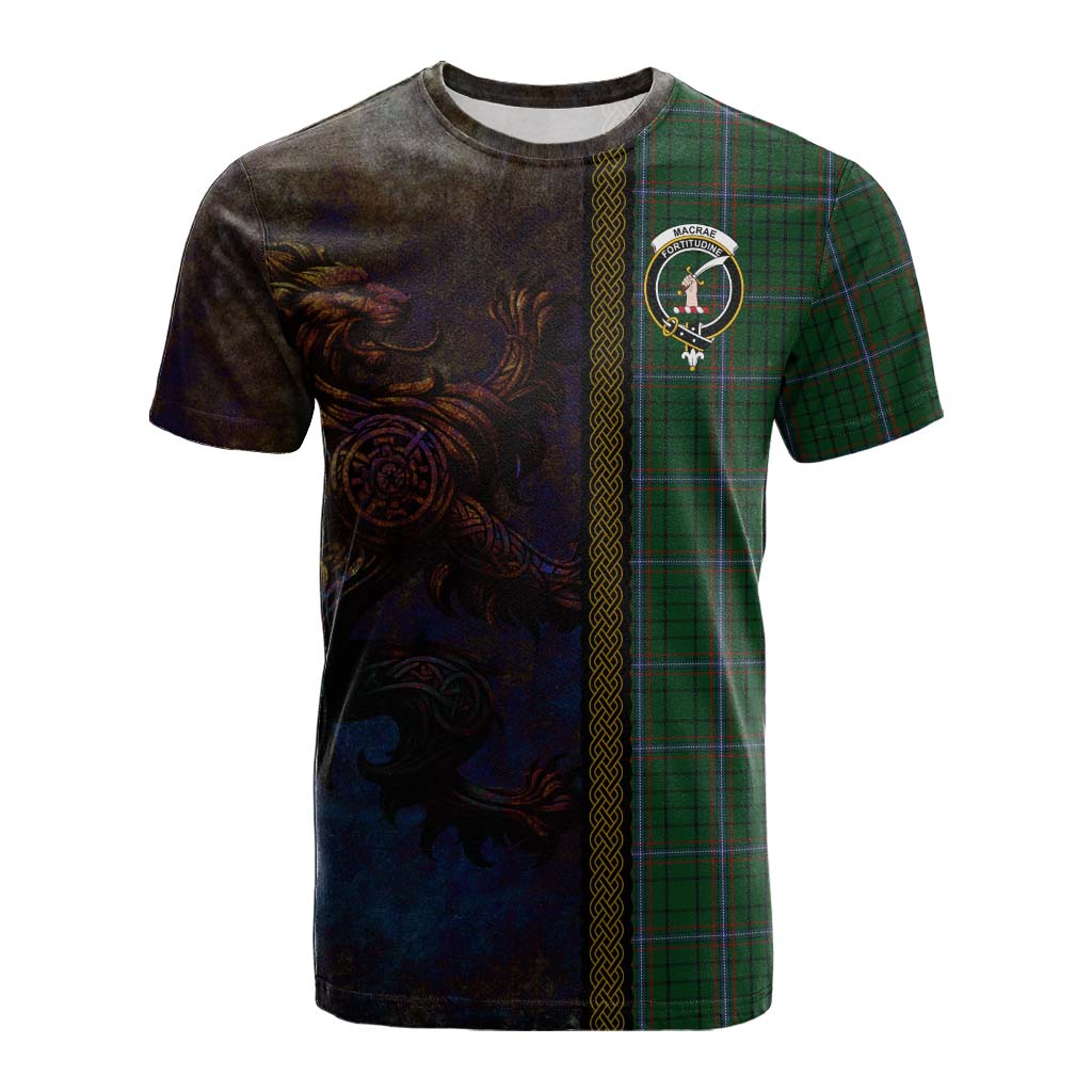 Tartan Vibes Clothing MacRae (McRae) Tartan Family Crest Cotton T-shirt Alba Gu Brath Be Brave Lion Ancient Style