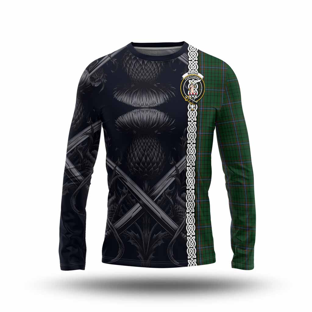 Tartan Vibes Clothing MacRae (McRae) Tartan Long Sleeve T-Shirt with Family Crest Cross Sword Thistle Celtic Vibes