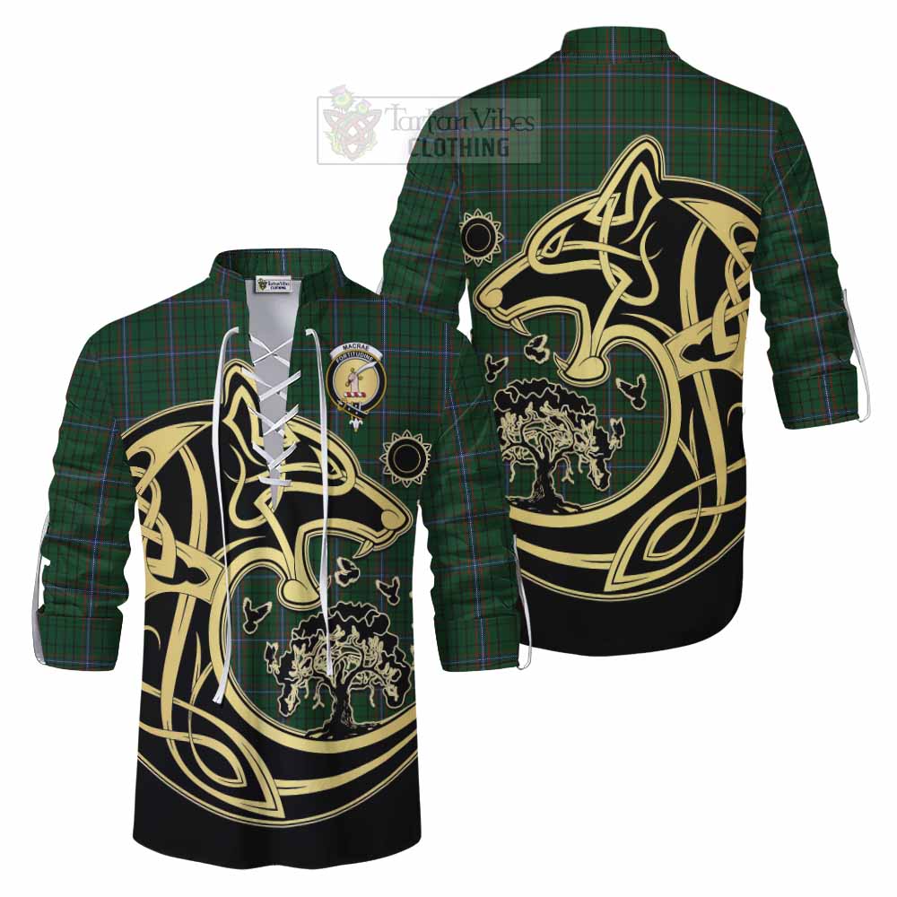 Tartan Vibes Clothing MacRae (McRae) Tartan Ghillie Kilt Shirt with Family Crest Celtic Wolf Style