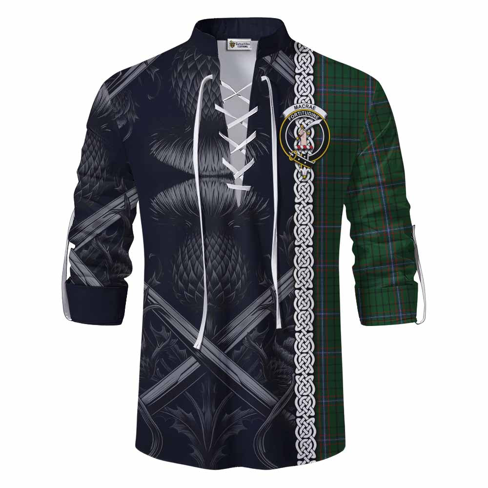 Tartan Vibes Clothing MacRae (McRae) Tartan Ghillie Kilt Shirt with Family Crest Cross Sword Thistle Celtic Vibes